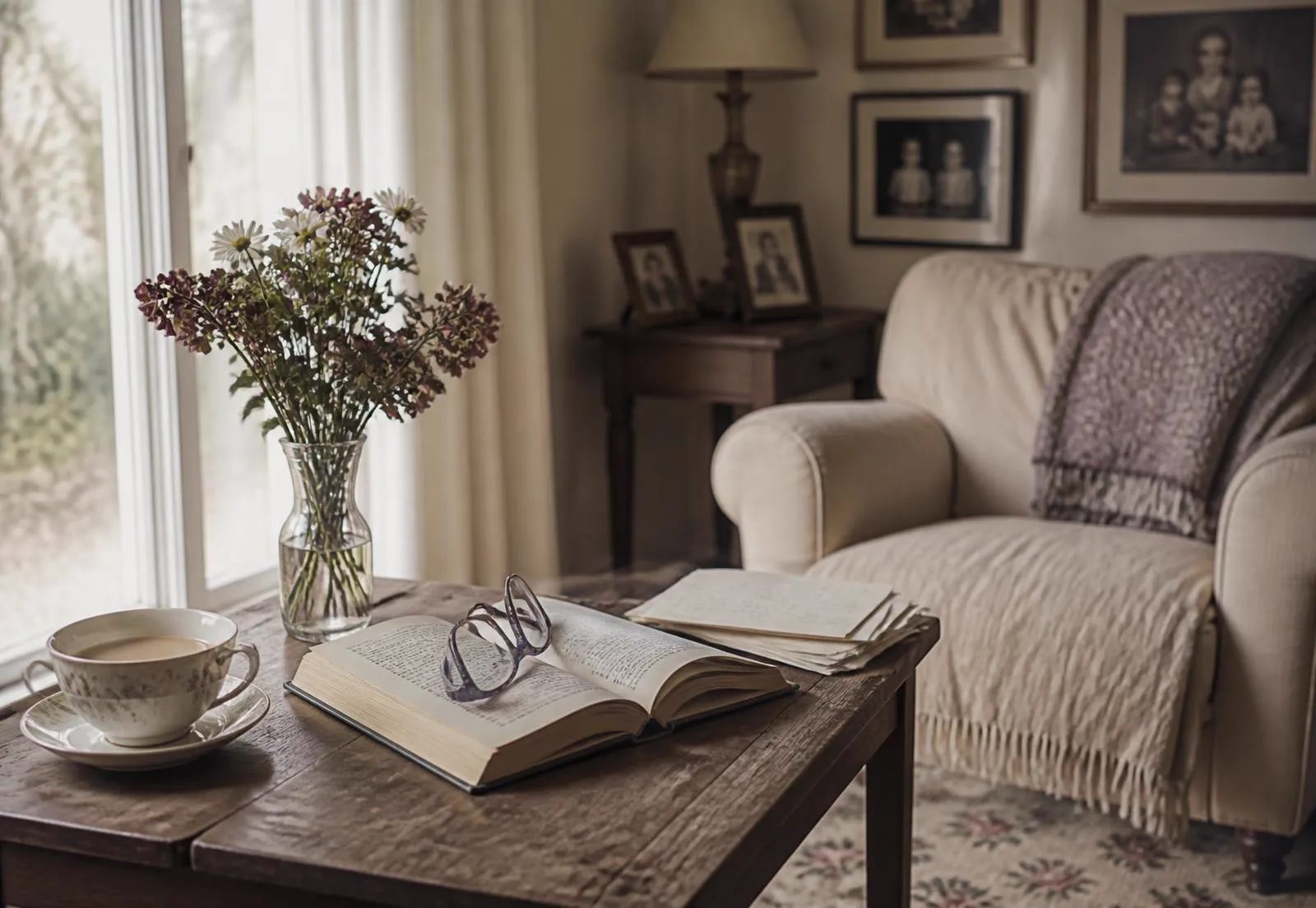 Afternoon light across a side table in an older adult's living room: tea, an open book, reading glasses and family photographs